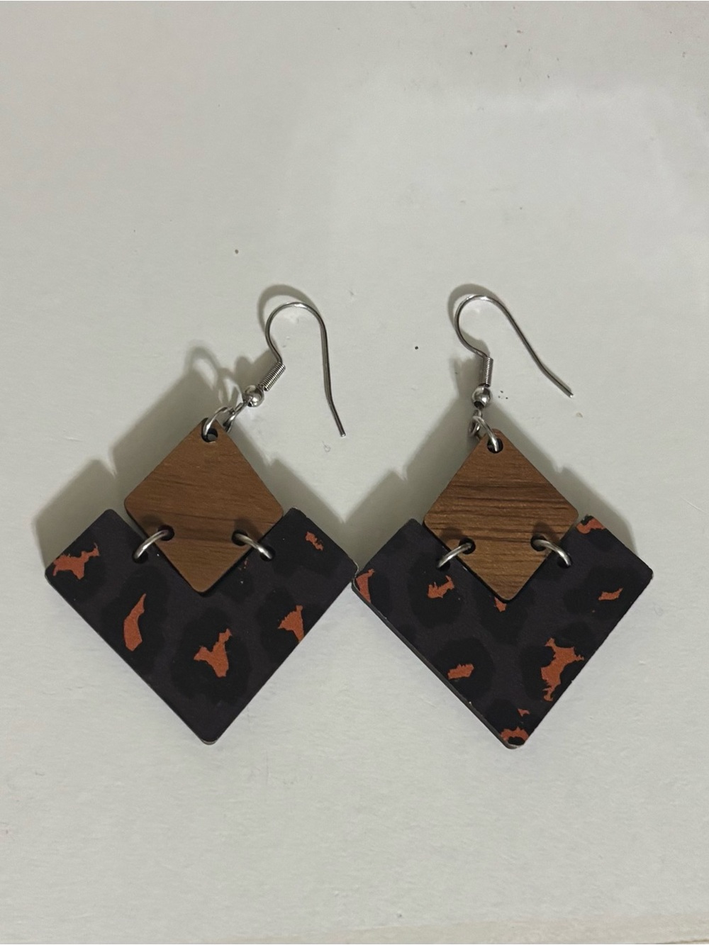 Geometric Wood & Leopard Drop Earrings - Black and Brown